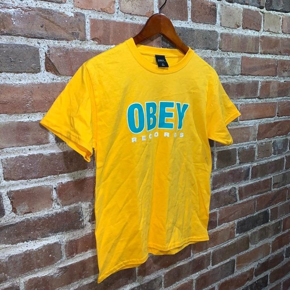 New Blue Obey Worldwide Records - Yellow T shirt - Size Medium Front Graphic - Picture 4 of 4